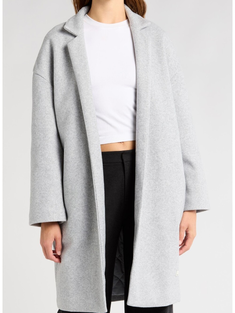 Vuori Soho Melton Overcoat Women XL Gray Quilted Lined Open Front Notch Lapel